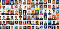 Ausschnitt von über 8000 Passbildern in Farbe, die Juan Pablo Echeverri in immer neuer Kleidung und mit unterschiedlichen Frisuren zeigen. Mal trägt er eine Sonnenbrille, mal lange Haare. Die Hintergründe wechseln ebenfalls die Farbe und sind teils aus St