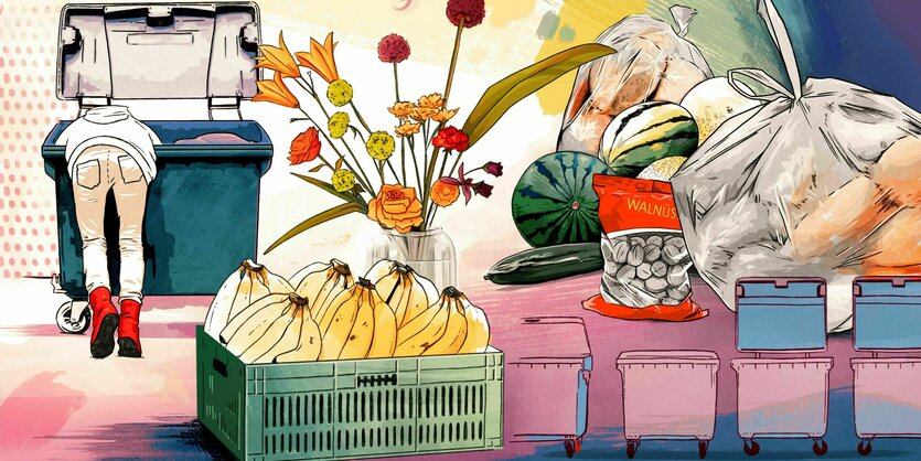 Illustration: Ein junger Mensch hängt über einem Container, im Vordergrund steht eine Kiste Bananen, Blumen und andere Lebensmittel