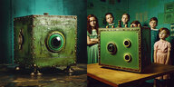 li: Eine grüne Kiste im Retrostil mit einem großen grünen Auge in der Mitte; re: eine grüne Kiste steht auf einem Tisch, umringt von sketischen Kindern, mit drei Öffnungen