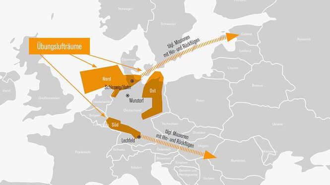 Eine Karte zeigt drei Räume im Norden, Süden und Osten Deutschlands sowie zwei Flugkorridore nach Nordosten und Südosten