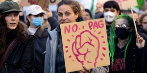 Eine Frau hält ein Plakat, darauf ist eine Faust gemalt und der Slogan "No PAG"