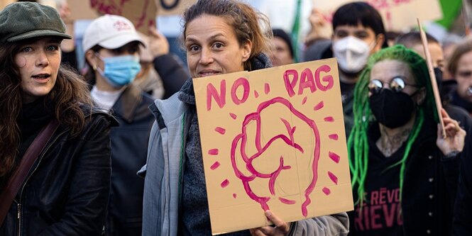 Eine Frau hält ein Plakat, darauf ist eine Faust gemalt und der Slogan "No PAG"