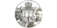 Eine Collage in schwarzweiß, Untergrund ist das Wappen von San Marino darauf Fotos von Berlusconi, Margot Honecker und Eisbär Knut