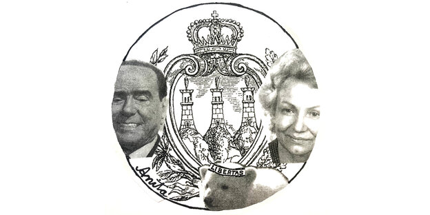 Eine Collage in schwarzweiß, Untergrund ist das Wappen von San Marino darauf Fotos von Berlusconi, Margot Honecker und Eisbär Knut