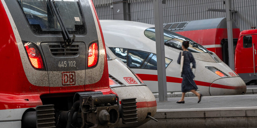 Person läuft an stehenden Zügen im Müncher Hauptbahnhof vorbei