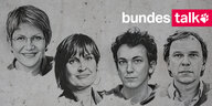 Die Köpfe der Podcaster*innen Sabine am Orde, Anja Krüger, Christian Jakob und Stefan Reinecke vor grauem Beton