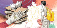 Illustration: Ein Mann steht mit seinem Koffer vor einem Aktenstapel, der seine Einreise erschwert - im hintergrund ist eine Deutschlandkarte zu sehen und eine Hand mit Büroklammern ragt ins Bild