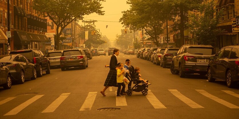 Strassenszen in New York in gelblichem Licht