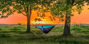 Sonnenuntergang über dem Tempelhofer Feld, im Vordergrund liegt jemand in einere Hängematte, die zwischen zwei Bäumen gespannt ist