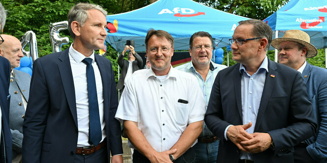 Die Afd-Politiker Höcke, Sesselmann und Brandner in Sonneberg