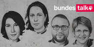 Die Köpfe der Podcaster*innen Inna Hartwich, Barbara Oertel, Daniel Schulz und Sabine am Orde