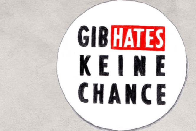 Vor einem grauen Hintergrund ist rechts ein weißer Kreis gezeichnet. Dort steht „Gib Hates keine Chance“