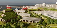 Eine Computeranimation der geplanten Energieinsel zeigt eingeschossige Gebäude mit Solarkollektoren.