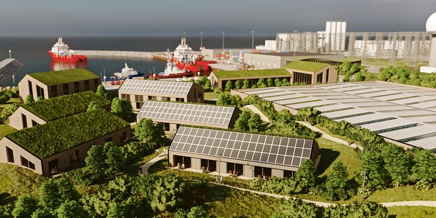 Eine Computeranimation der geplanten Energieinsel zeigt eingeschossige Gebäude mit Solarkollektoren.