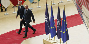 Zwischen die EU Fahnen sind Nato Fahnen gesteckt, Stoltenberg und Michel daran vorbei auf einem roten Teppich