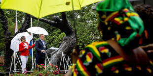 Der niederländische König entschuldigt sich am Samtag unter einem Regenschirm am Sklaverei-Monument in Amsterdam.