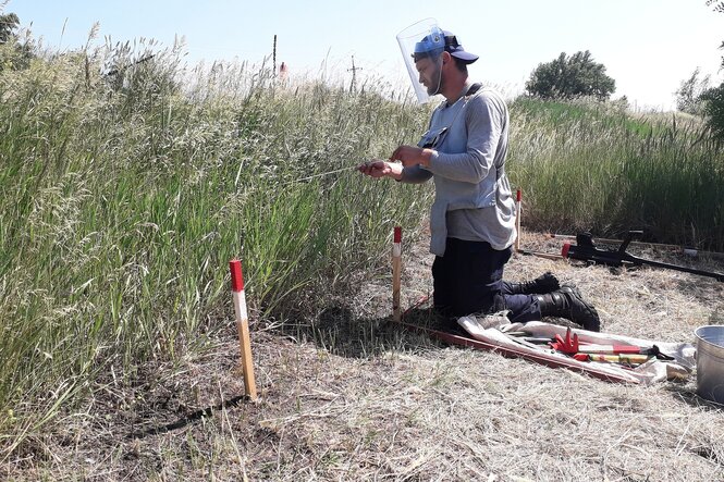 Ein Mann mit Schutzschild kniet mit einem Gerät vor hohem Gras