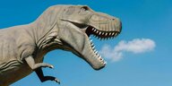 Die Nachbildung eines Dinosauriers mit geöffnetem Maul und spitzen Zähnen, nur der Kopf und Halsbereich ist zu sehen,