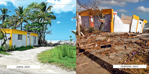 Foto links: Juni 2022 - Ein Haus steht nah am Meer, umsäumt von Palmen - Foto rechts: Februar 2023 das Haus ist zerstört, die Palmen weggeschwemmt