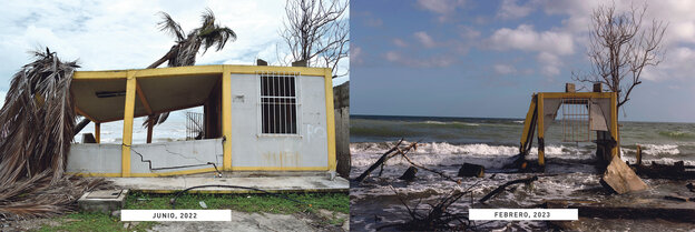 Foto de la izquierda: junio de 2022: una casa muy cerca del mar fue destruida en gran parte, las palmeras se doblaron, de la foto de la derecha: febrero de 2023, el mar se llevó la casa, solo quedan los restos del muro con una reja de ventana.