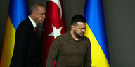 Der türkische und der ukranische Präsident vor Flaggen.
