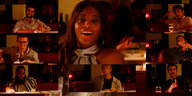 Collage aus Szenen aus Nyala Moons Kurzfilm „How not to date while trans“ (2022). Männer sitzen am selben Tisch am Restaurant und sprechen in die Kamera. In der Bildmitte schaut die Protagonistin in die Kamera.