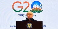 Janet Yellen spricht bei einer Pressekonferenz vor dem Treffen der G20-FinanzministerInnen