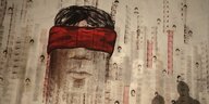 Wandgemälde: ein Mensch hat hat eine rote Binde vor den Augen, vieole kleine Porträts im hirtnergrund