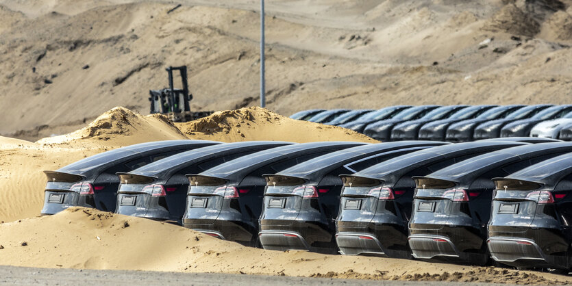 Schwarze Teslas stehen im Sand