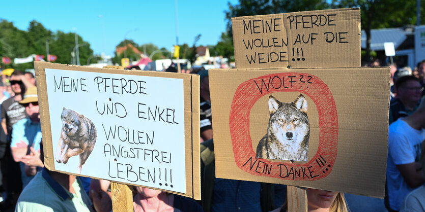 Bei einer Demo halten Protestierende Schilder hoch auf denen Slogan stehen wie "Wölfe, nein danke" und "Meine Enkel und Pferde wollen angstfrei leben".