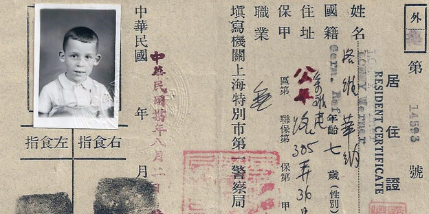 Kinderbild in einem Pass mit japanischen Schriftzeichen ,Fingerabdruck und Stempeln