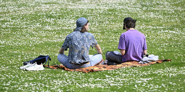 Zwei junge Menschen sitzen auf einer Blumenwiese in der Sonne