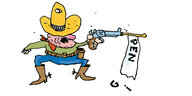 Farbige Illustration: Ein Mann mit Cowboyhut zieht eine Pistole und schießt. Aus der Mündung kommt ein weißes Fähnchen, darauf steht PENG, wobei das G gerade auf den Boden purzelt