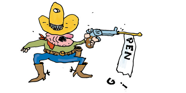 Farbige Illustration: Ein Mann mit Cowboyhut zieht eine Pistole und schießt. Aus der Mündung kommt ein weißes Fähnchen, darauf steht PENG, wobei das G gerade auf den Boden purzelt