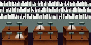 Die Illustration zeigt den Lesesaal der Deutschen Nationalbibliothek in Leipzig: im Vordergrund Tische mit Lampen, im Hintergrund Regale mit Büchern