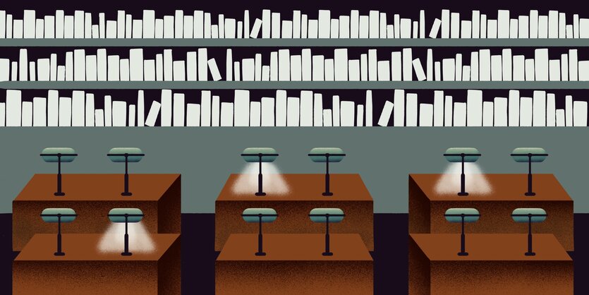 Die Illustration zeigt den Lesesaal der Deutschen Nationalbibliothek in Leipzig: im Vordergrund Tische mit Lampen, im Hintergrund Regale mit Büchern