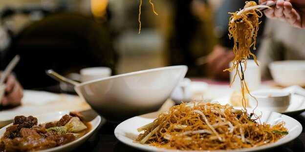 Teller mit je einem chinesischen Fleisch- und einem Nudelgericht. Eine Hand hält Stäbchen mit Nudeln in die Höhe