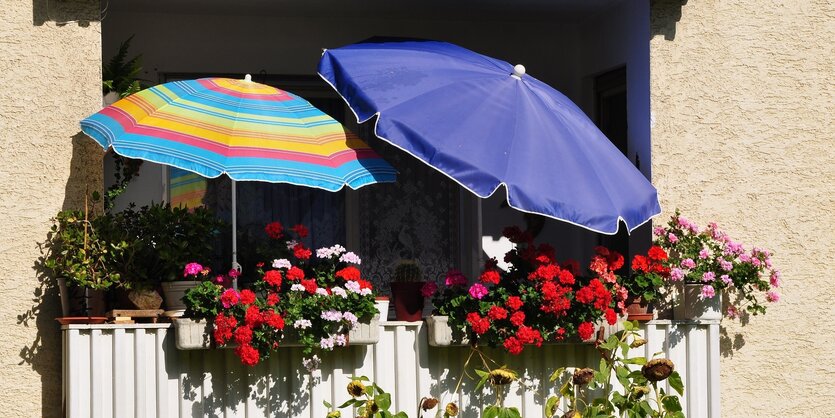 Zwei Sonnenschirme auf einem Balkon