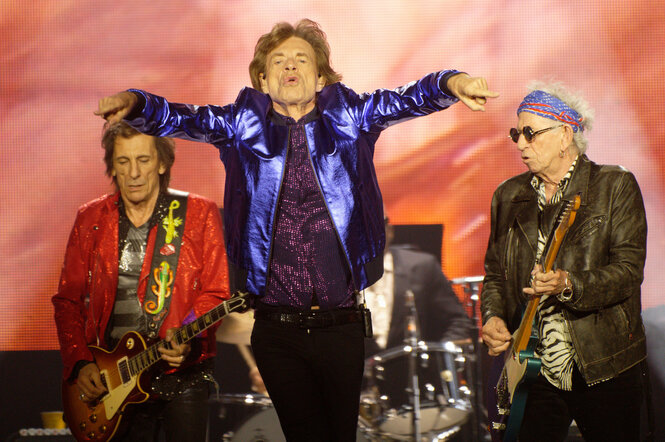 Mick Jagger mit den Rolling Stones bei einem Konzert.