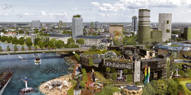 Düsseldorf wie es 2045 aussehen könnte mit Blick von oben auf die Rheinkniebrücke und den Landtag Nordrhein-Westfahlen. Unten sieht man ein Stadtfest "Kultur für alle". In den Fluss wurde ein Strand gebaut. Die Gebäude drumherum sind begrünt und haben Bäume, Gärten und Gewächshäuser auf dem Dach. Gondeln einer Seilbahn schweben über der Stadt.