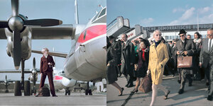 Zwei Modefotos von Arno Fischer nebeneinander, beide aufgenommen am Flughafen Schönefeld