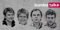 Die Gesichter von Bernd Pickert, Sabine am Orde, Stefan Reinecke und Gareth Joswig. Darüber steht bundestalk.
