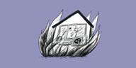 Ein brennendes Haus, aussen ist eine Wärmepumpe angebracht, durch ein Fenster ist ein Mensch zu erkennen