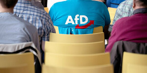 Personen von hinten, eine mit AfD-Shirt.