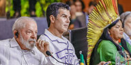 Präsident Lula da Silva sitzt neben Helder Barbalho und der Ministerin für indigene Völker Sonia Guajajara, die traditionellen Kopfschmuck trägt