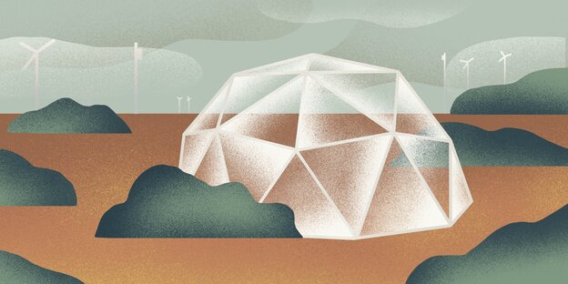 Eine Illustration: auf einer Hallig steht ein Folienzelt, in dem der Klimawandel auf Salzwiesen simuliert wird