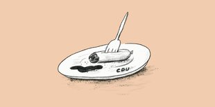 Illustration einer mit einer Gabel aufgespießten Wurst auf einem Teller. Auf dem Teller steht "CDU".