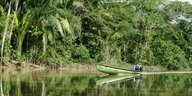Ein grünes Motorboot spiegelt sichin einem Fluß und fährt an einer Dschungellandschaft vorbei