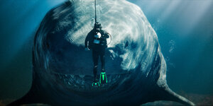 Ein sehr großer Riesenhai schwimmt unter Wasser frontal auf einen Taucher zu.