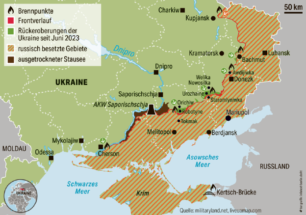 Die Front in der Ostukraine ist hart umkämpft. Es gibt verschiedene Brennpunkte und trotz einiger Rückeroberungen hält Russland weiterhin große Teile besetzt.
